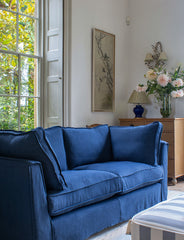 Coco 2.5 seater sofa with Self Piped Box Edge cushion in Designers Guild Brera Lino Indigo - Made to Order