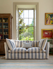 Coco 3 seater sofa with Self Piped Knife Edge cushion in Stripes Garden Grey - Available for Quick Ship