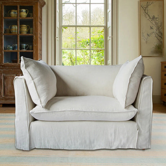 Coco Loveseat with Self Piped Knife Edge cushion in Designers Guild Brera Lino Putty - Made to order