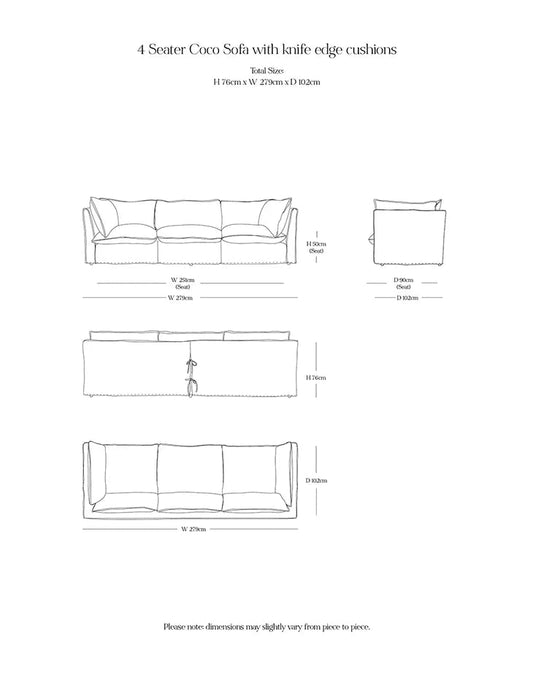 Coco 4 seater sofa with Self Piped Knife Edge cushion in Customers Own Material (excl. Fabric) - Made to Order