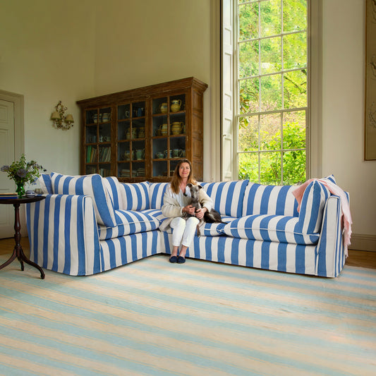 Coco 2 x 3 seater sofa Self Piped Knife Edge cushion in Cornish Blue Stripe - Made to Order