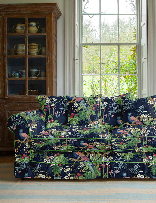 Salthrop Large Sofa with Scatter Cushions in Miji Navy with Velvet Trim - Made To Order