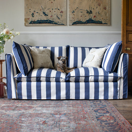 Coco 3 seater sofa with Self Piped Knife Edge cushion in Stripes Sea Holly - Available for Quick Ship