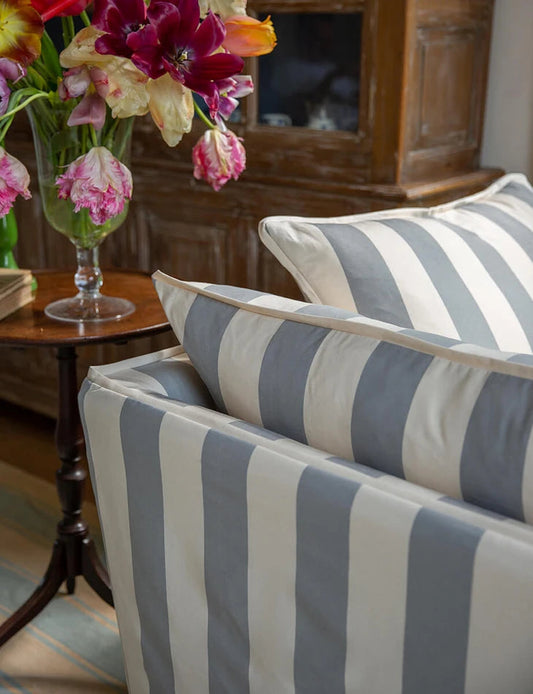 Coco 3 seater sofa cover with Self Piped Knife Edge cushion in Stripes Garden Grey - Made to Order