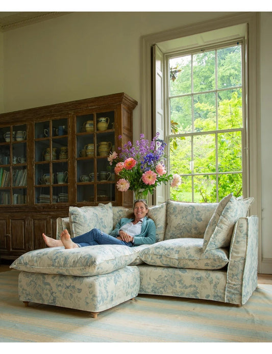 Coco 2.5 seater sofa with Self Piped Knife Edge cushion in Andrew Martin Midsummer Faded Blue - Available Now