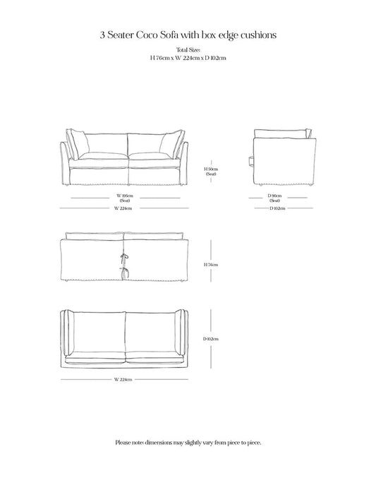 Coco 3 seater sofa with Self Piped Box Edge cushion in Customers Own Material (excl. Fabric) - Made to Order