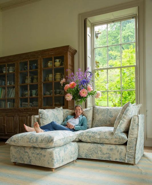 Coco Footstool with Self Piped Knife Edge cushion in Andrew Martin Midsummer Faded Blue - Available Now