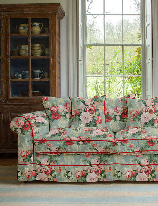 Salthrop Large Sofa with Scatter Cushions in Grey Skies with Velvet Trim - Made To Order