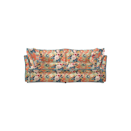 Coco 2.5 seater sofa with Knife Edge cushion in Coral Orange with Lagoon Velvet Trim - Made to Order