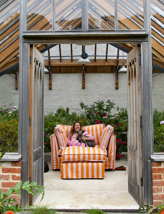 Coco Footstool with Self Piped Box Edge cushion in Dedar Belomondo Corallo - Made to order