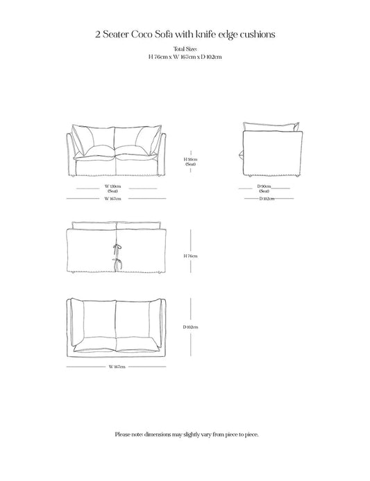 Coco 2 seater sofa with Self Piped Knife Edge cushion in Customers Own Material (excl. Fabric) - Made to Order