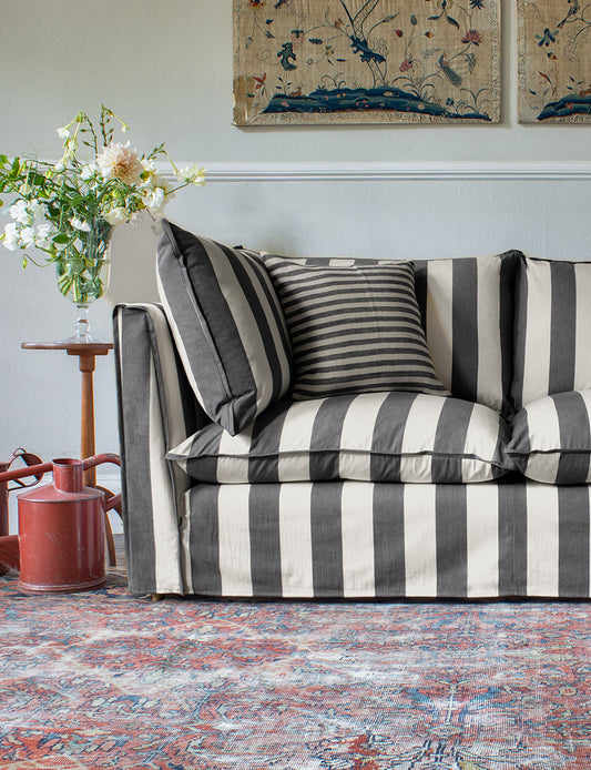 Coco 2.5 seater sofa with Self Piped Knife Edge cushion in Charcoal Stripes - Made to Order