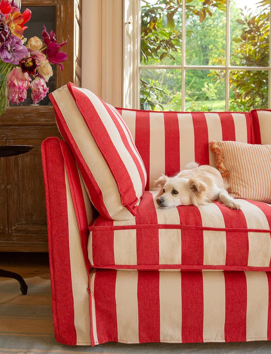 Coco Loveseat with Self Piped Box Edge cushion in Stripes Petunia - Made to order