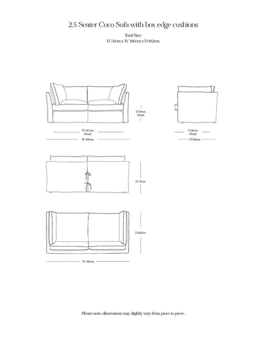 Coco 2.5 seater sofa with Self Piped Box Edge cushion in Customers Own Material (excl. Fabric) - Made to Order