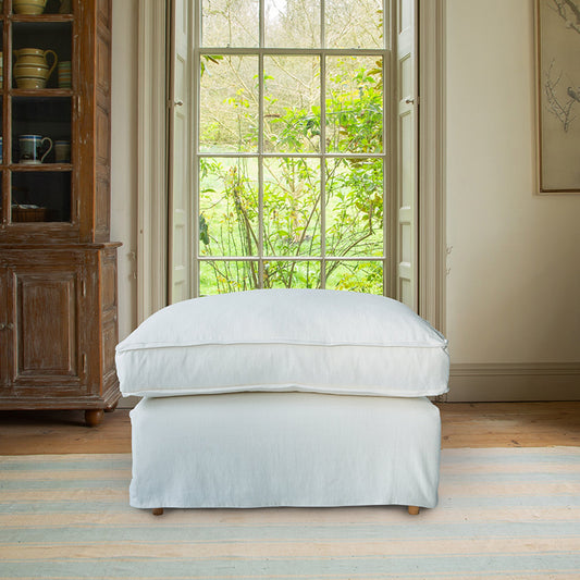 Coco Footstool with Self Piped Box Edge cushion in Cotton Linen Snow Drop - Available Now