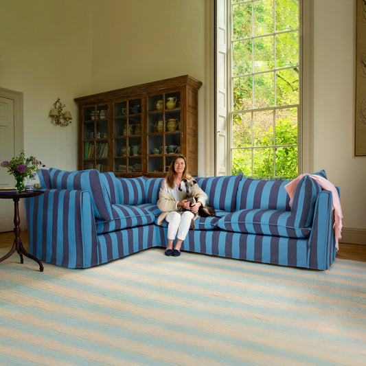 Coco 2 x 3 seater sofa Self Piped Knife Edge cushion in Coastal Blue Stripe - Made to Order