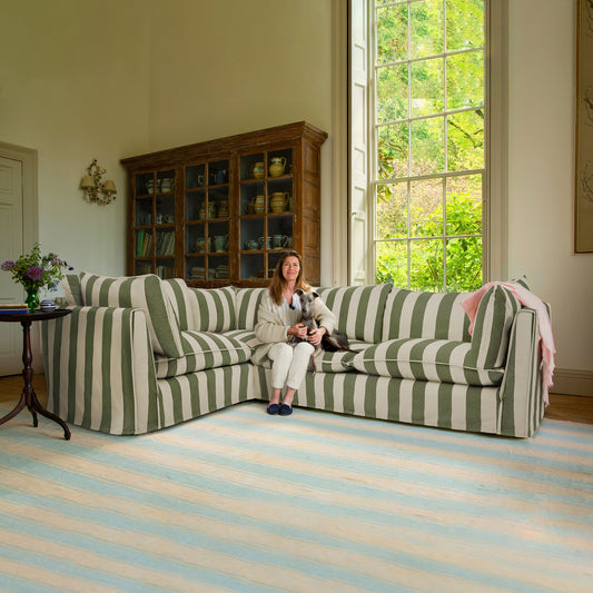 Coco 2 x 3 seater sofa Self Piped Knife Edge cushion in Spring Green Stripe - Made to Order