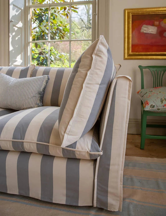 Coco 3 seater sofa with Self Piped Knife Edge cushion in Stripes Garden Grey - Available for Quick Ship