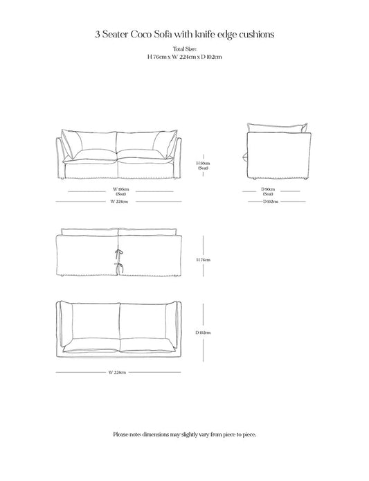 Coco 3 seater sofa with Self Piped Knife Edge cushion in Cotton Linen Evergreen - Made to Order