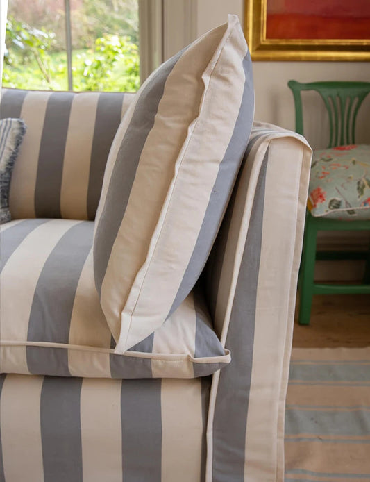 Coco 3 seater sofa cover with Self Piped Knife Edge cushion in Stripes Garden Grey - Made to Order