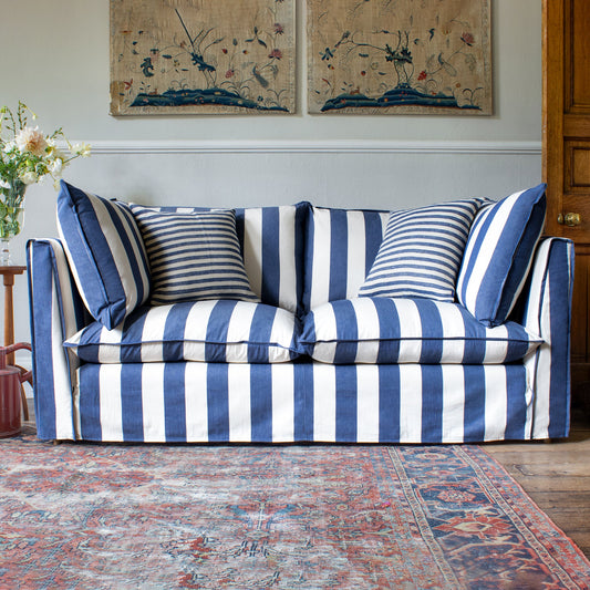 Coco 2 seater sofa with Self Piped Knife Edge cushion in Stripes Sea Holly - Made to Order