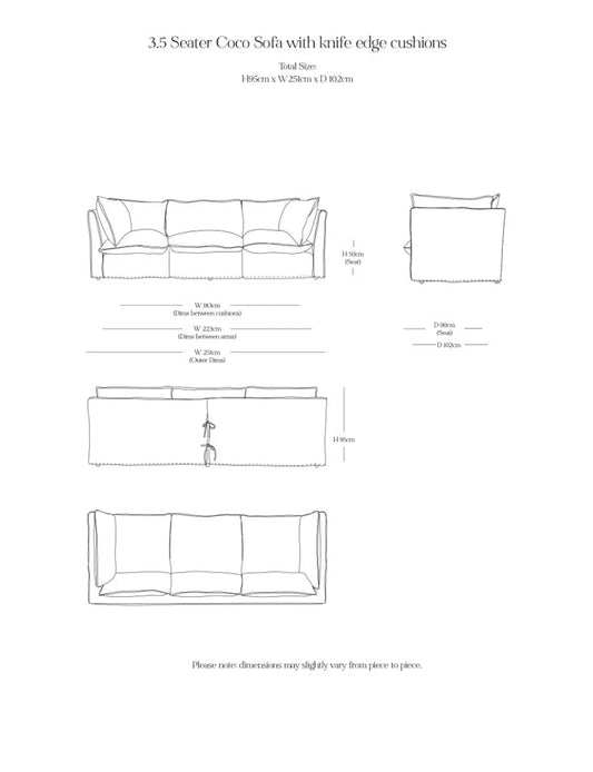 Coco 3.5 seater sofa with Self Piped Knife Edge cushion in Cotton Linen Riviera - Made to Order