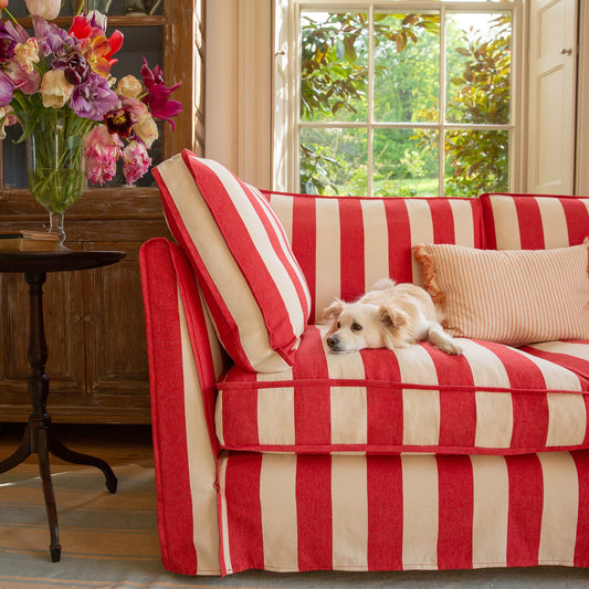 Coco 3 seater sofa with Self Piped Box Edge cushion in Stripes Petunia - Made to Order