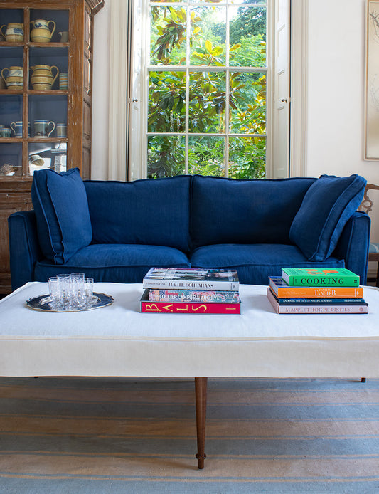 Coco 2.5 seater sofa with Self Piped Box Edge cushion in Designers Guild Brera Lino Indigo - Available Now