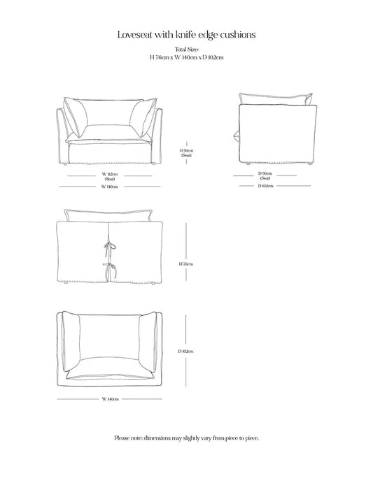 Coco Loveseat with Self Piped Knife Edge cushion in Cotton Linen White Camellia - Made to Order