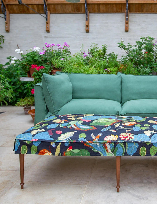 Coco 3 seater sofa with Self Piped Knife Edge cushion in Designers Guild Brera Lino Thyme - Made to Order