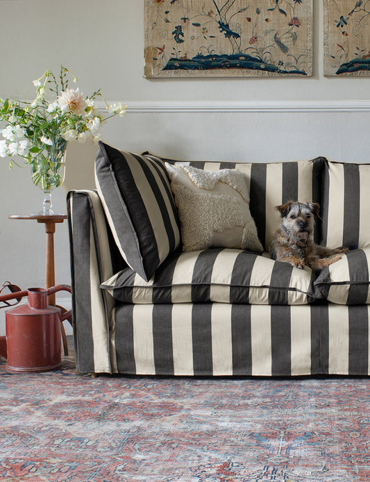 Coco 2.5 seater sofa with Self Piped Knife Edge cushion in Black and White Stripes - Made to Order