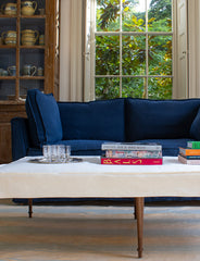 Coco 2.5 seater sofa with Self Piped Box Edge cushion in Designers Guild Brera Lino Indigo - Made to Order