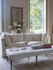 Coco 3.5 seater sofa with Self Piped Knife Edge cushion in Cotton Linen Snow Drop - Made to order