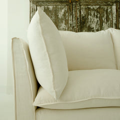 Coco 2.5 seater sofa with Self Piped Knife Edge cushion in Cotton Linen White Camellia - Made to Order