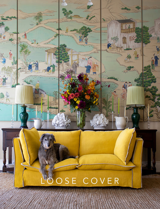 Coco 2.5 seater sofa cover with Contrast Piped Knife Edge cushion in Designers Guild Brera Lino Ochre