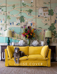 Coco 2.5 seater sofa cover with Contrast Piped Knife Edge cushion in Designers Guild Brera Lino Ochre