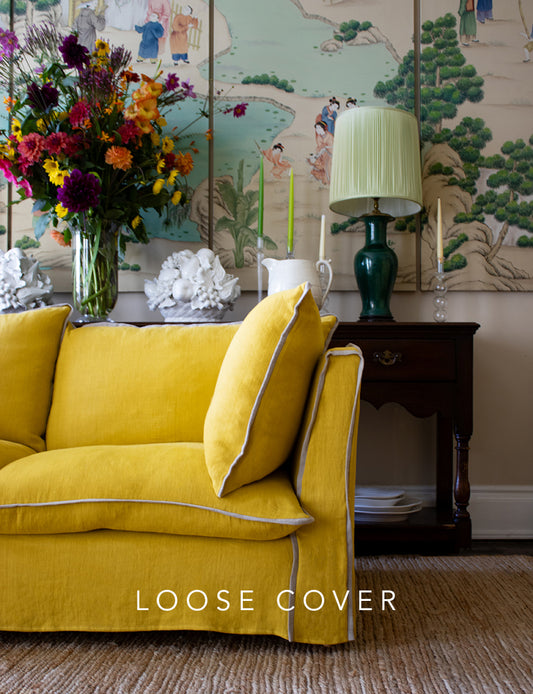 Coco 2.5 seater sofa cover with Contrast Piped Knife Edge cushion in Designers Guild Brera Lino Ochre