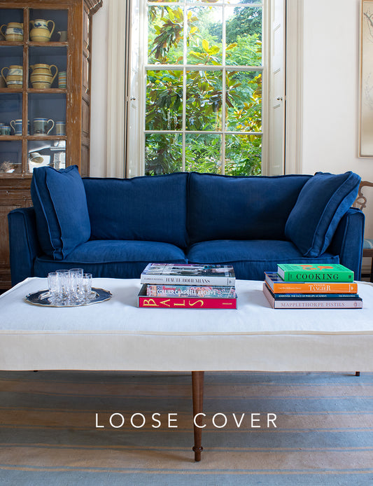 Coco 2.5 seater sofa cover with Self Piped Box Edge cushion in Designers Guild Brera Lino Indigo