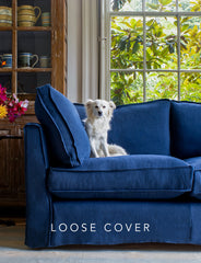 Coco 2.5 seater sofa cover with Self Piped Box Edge cushion in Designers Guild Brera Lino Indigo