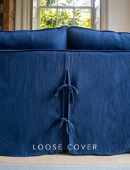 Coco 2.5 seater sofa cover with Self Piped Box Edge cushion in Designers Guild Brera Lino Indigo