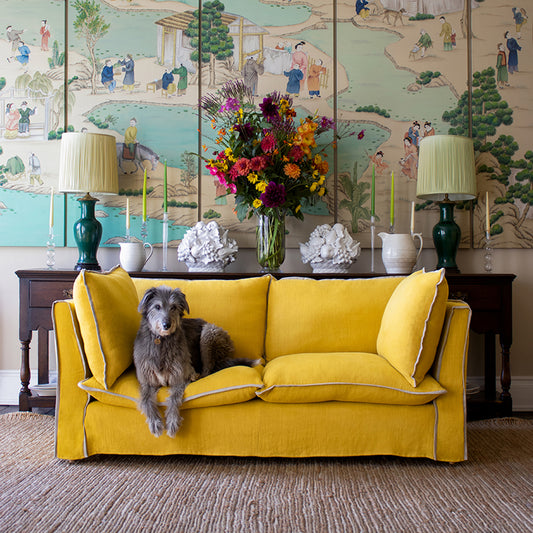 Coco 2.5 seater sofa with Contrast Piped Knife Edge cushion in Designers Guild Brera Lino Ochre - Made to Order