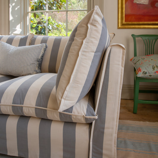 Coco 2.5 seater sofa with Self Piped Knife Edge cushion in Stripes Garden Grey - Made to Order