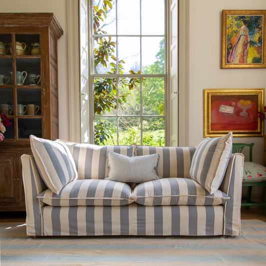 Coco 2.5 seater sofa with Self Piped Knife Edge cushion in Stripes Garden Grey - Made to Order