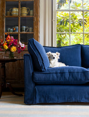 Coco 2.5 seater sofa with Self Piped Box Edge cushion in Designers Guild Brera Lino Indigo - Made to Order