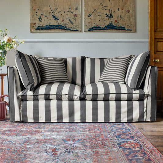 Coco 2.5 seater sofa with Self Piped Knife Edge cushion in Black and White Stripes - Made to Order