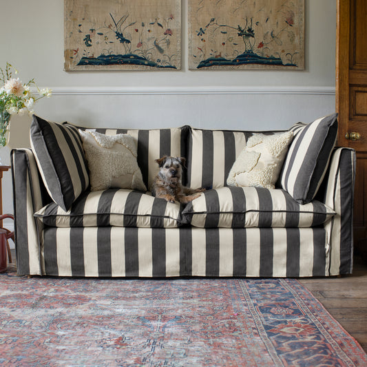 Coco 2.5 seater sofa with Self Piped Knife Edge cushion in Black and White Stripes - Made to Order