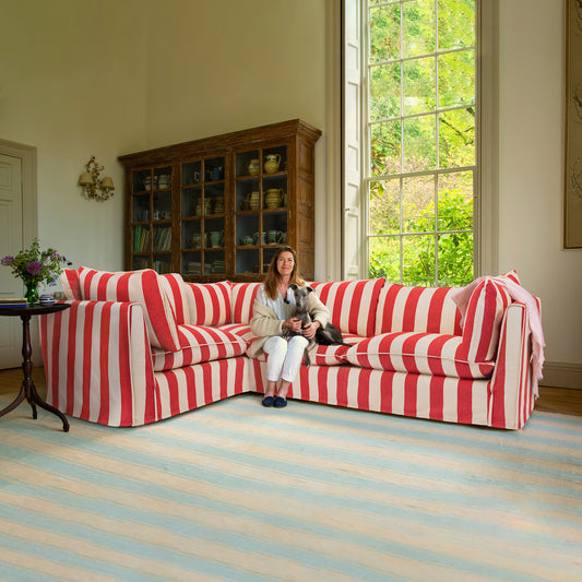 Coco 2 x 3 seater sofa Self Piped Knife Edge cushion in Petunia Red Stripe - Made to Order