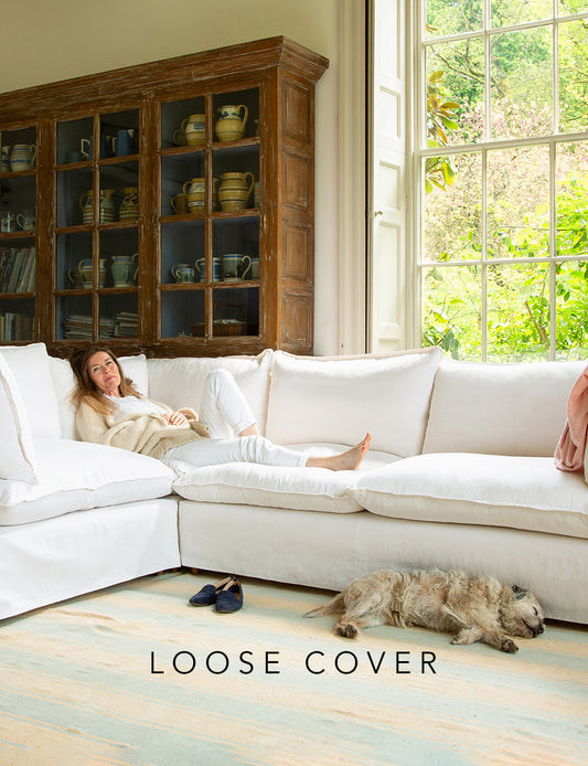 Coco 2 x 3 seater sofa cover with Self Piped Knife Edge cushion in Cotton Linen Snow Drop