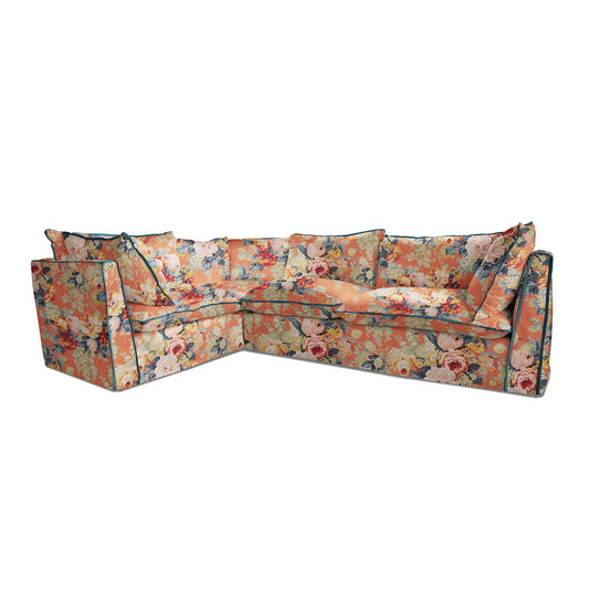 Coco 2 x 3 seater sofa with Knife Edge cushion in Coral Orange with Velvet Trim - Made to Order