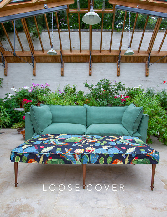 Coco 3 seater sofa cover with Self Piped Knife Edge cushion in Designers Guild Brera Lino Thyme